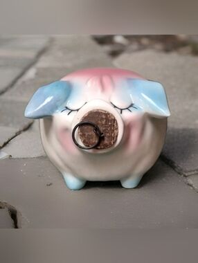 Vintage Hull USA Pottery 1957 Corky Pig Piggy Bank Pink And Blue